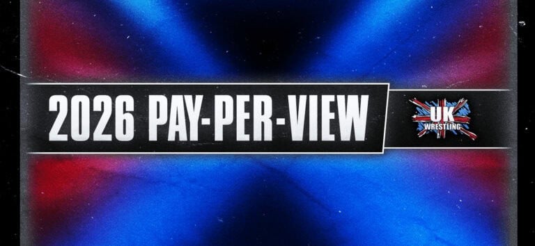 UK Wrestling 2026 Pay-Per-View Schedule poster with event details and branding.